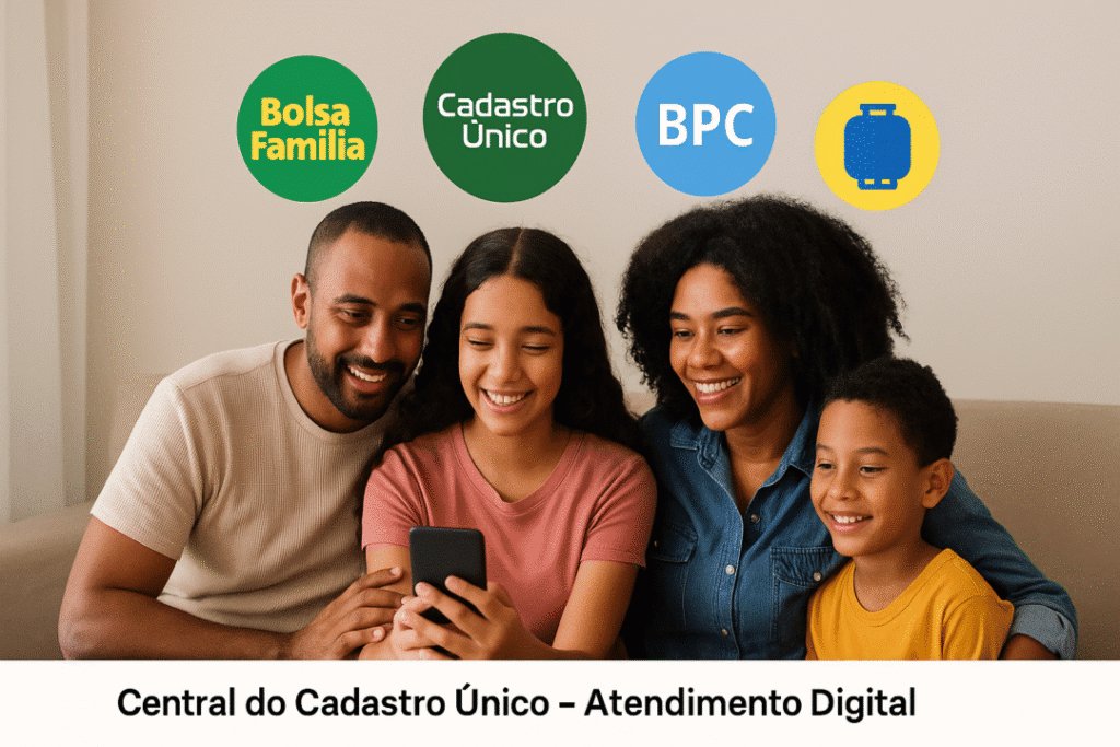 Família usando aplicativo do Cadastro Único para acessar benefícios sociais.