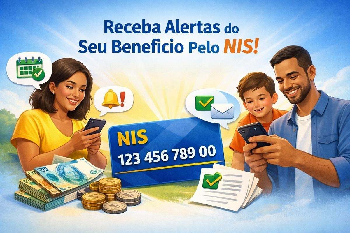 Ilustração de família recebendo alertas no celular sobre benefícios sociais pelo NIS no Agendamento CRAS